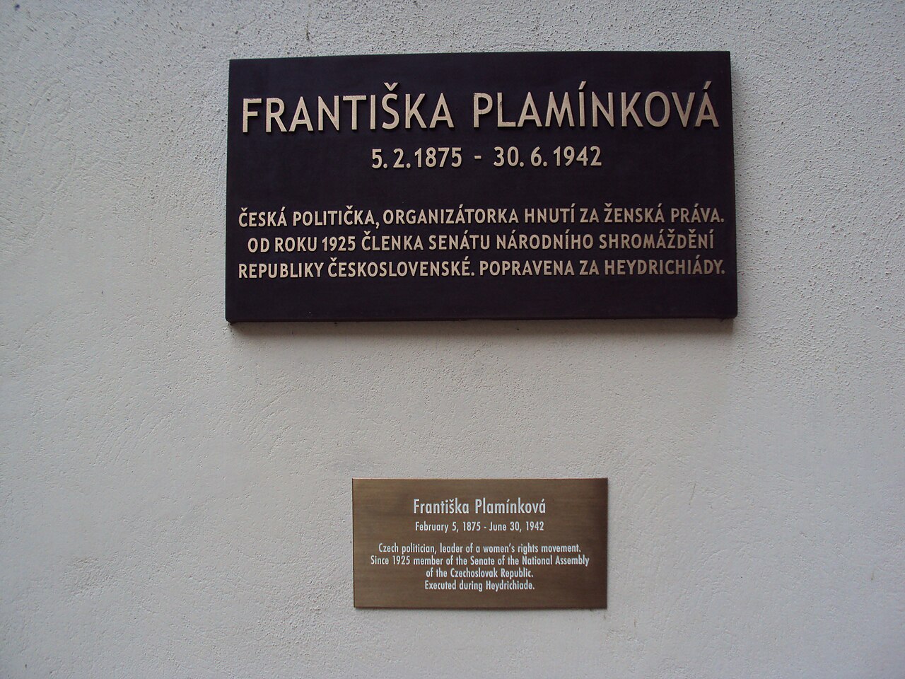 The Struggle for Women’s Suffrage – Praha, Senát ČR, Commemorative plaque for F. Plamínková